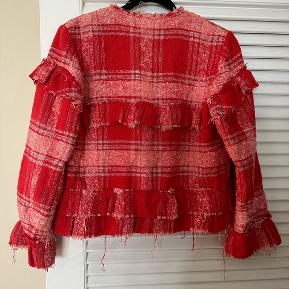 Zara women’s frayed ruffle red and white open front tweed jacket size M - Picture 8 of 8